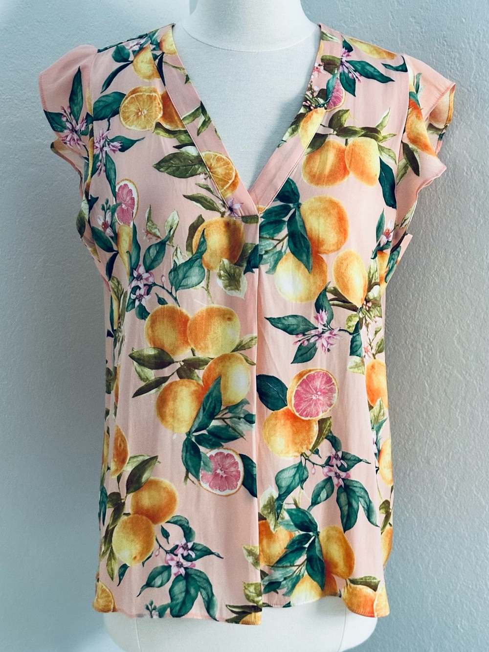 Joie Peach Floral Citrus V-Neck Cap Sleeve Top - Pink, Yellow, Green